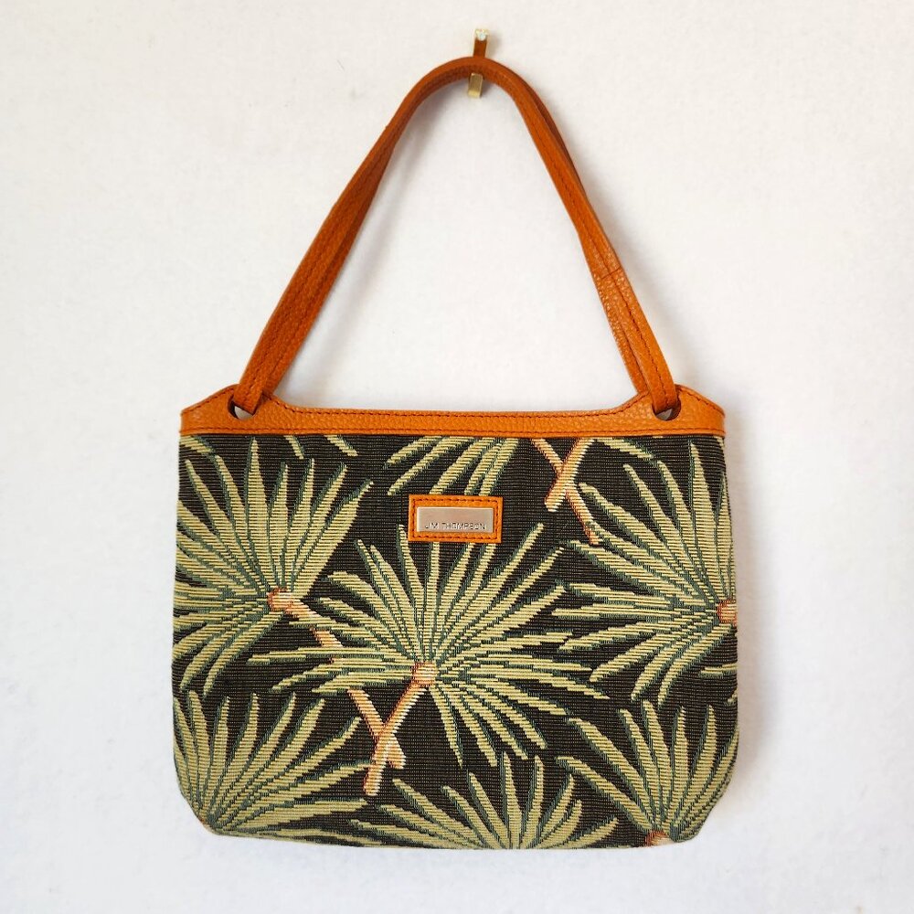 JIM THOMPSON Palm Leaf Jacqurd Fabric Leather Handle Pouch Clutch Bag Silk Liner